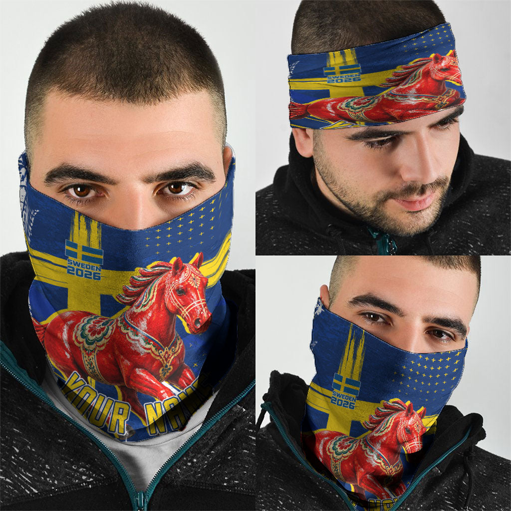 Personalized Sweden Dala Horse Soccer 2026 Neck Gaiter Grunge Swedish Flag Brush Strokes