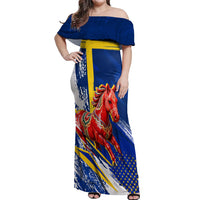 Personalized Sweden Dala Horse Soccer 2026 Off Shoulder Maxi Dress Grunge Swedish Flag Brush Strokes