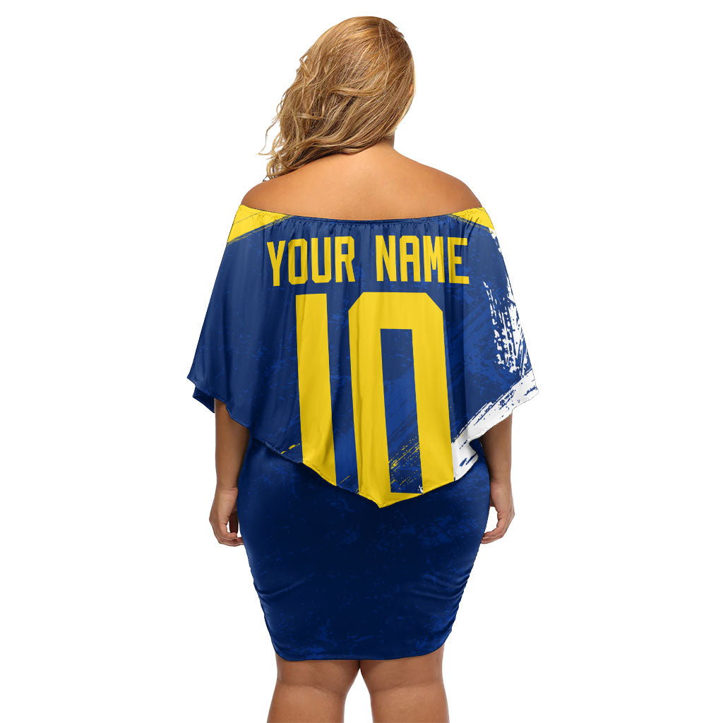 Personalized Sweden Dala Horse Soccer 2026 Off Shoulder Short Dress Grunge Swedish Flag Brush Strokes