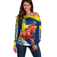 Personalized Sweden Dala Horse Soccer 2026 Off Shoulder Sweater Grunge Swedish Flag Brush Strokes