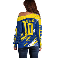 Personalized Sweden Dala Horse Soccer 2026 Off Shoulder Sweater Grunge Swedish Flag Brush Strokes