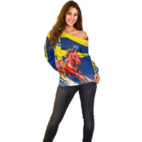 Personalized Sweden Dala Horse Soccer 2026 Off Shoulder Sweater Grunge Swedish Flag Brush Strokes