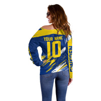 Personalized Sweden Dala Horse Soccer 2026 Off Shoulder Sweater Grunge Swedish Flag Brush Strokes
