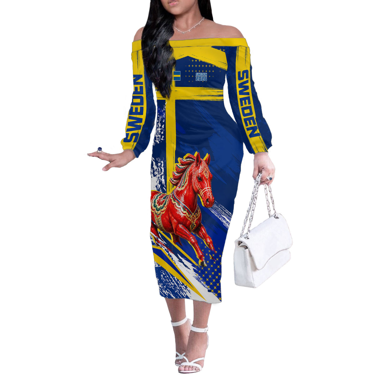 Personalized Sweden Dala Horse Soccer 2026 Off The Shoulder Long Sleeve Dress Grunge Swedish Flag Brush Strokes