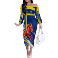 Personalized Sweden Dala Horse Soccer 2026 Off The Shoulder Long Sleeve Dress Grunge Swedish Flag Brush Strokes