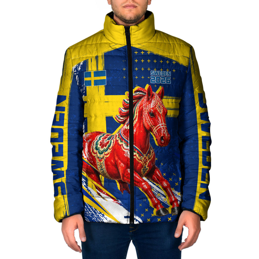 Personalized Sweden Dala Horse Soccer 2026 Padded Jacket Grunge Swedish Flag Brush Strokes