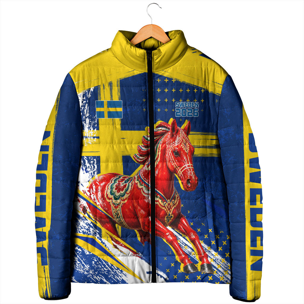 Personalized Sweden Dala Horse Soccer 2026 Padded Jacket Grunge Swedish Flag Brush Strokes