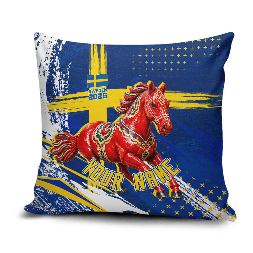 Personalized Sweden Dala Horse Soccer 2026 Pillow Cover Grunge Swedish Flag Brush Strokes