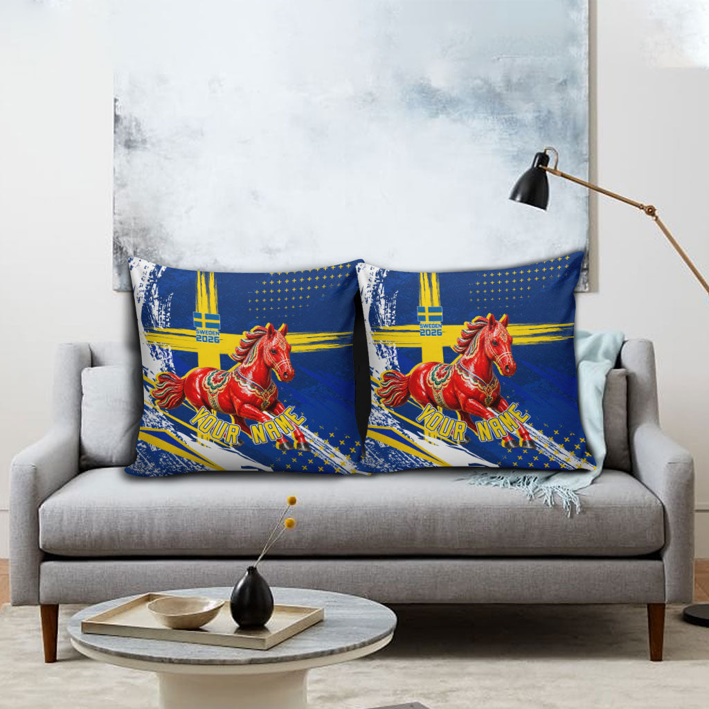 Personalized Sweden Dala Horse Soccer 2026 Pillow Cover Grunge Swedish Flag Brush Strokes