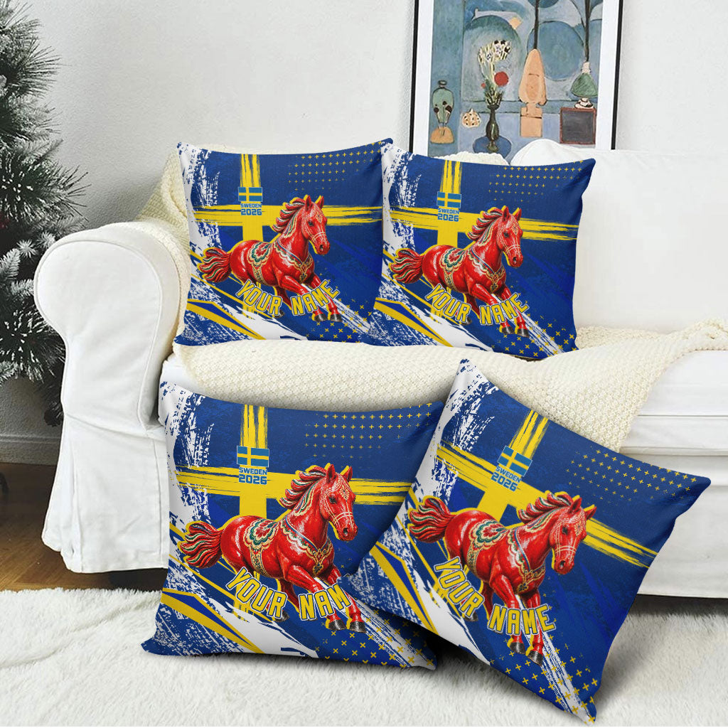 Personalized Sweden Dala Horse Soccer 2026 Pillow Cover Grunge Swedish Flag Brush Strokes