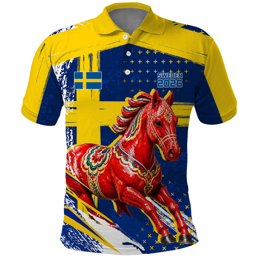Personalized Sweden Dala Horse Soccer 2026 Polo Shirt Grunge Swedish Flag Brush Strokes