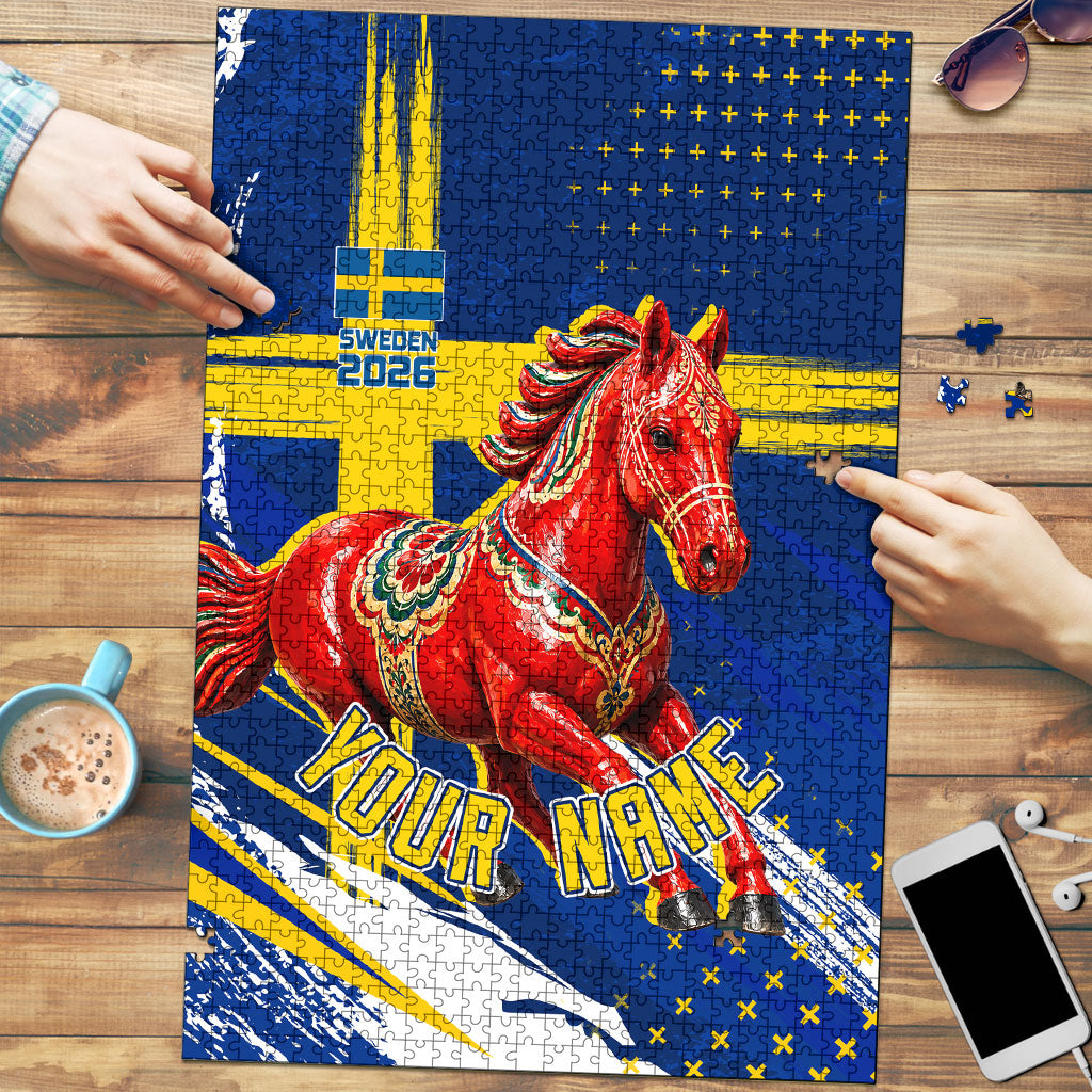 Personalized Sweden Dala Horse Soccer 2026 Puzzle Grunge Swedish Flag Brush Strokes