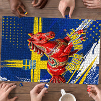 Personalized Sweden Dala Horse Soccer 2026 Puzzle Grunge Swedish Flag Brush Strokes
