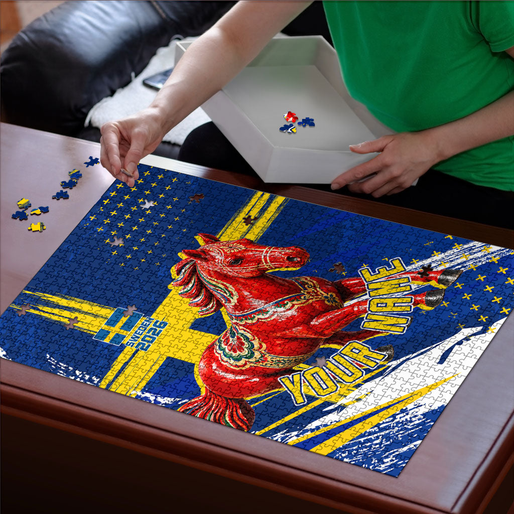 Personalized Sweden Dala Horse Soccer 2026 Puzzle Grunge Swedish Flag Brush Strokes