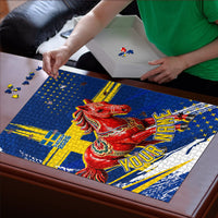 Personalized Sweden Dala Horse Soccer 2026 Puzzle Grunge Swedish Flag Brush Strokes