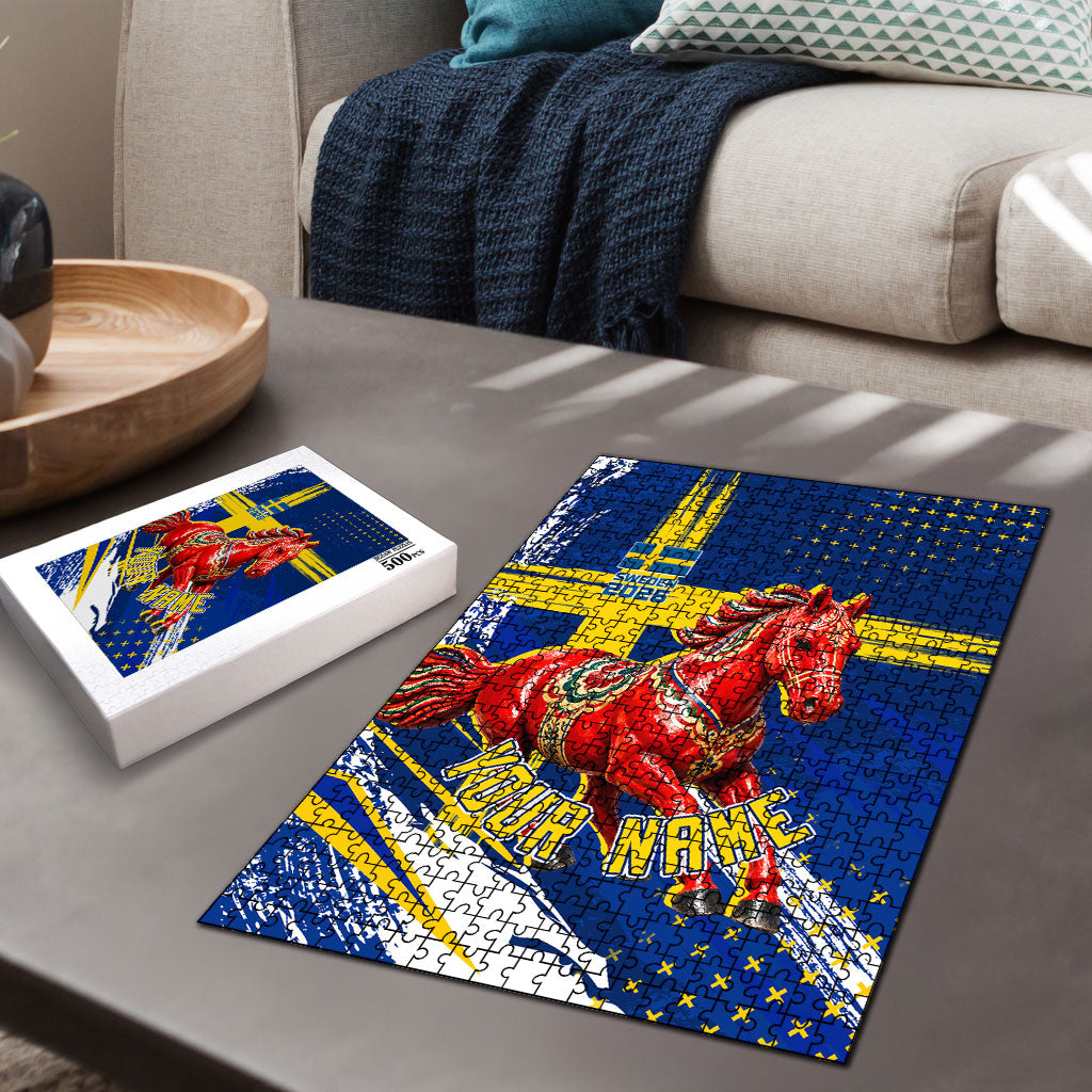 Personalized Sweden Dala Horse Soccer 2026 Puzzle Grunge Swedish Flag Brush Strokes