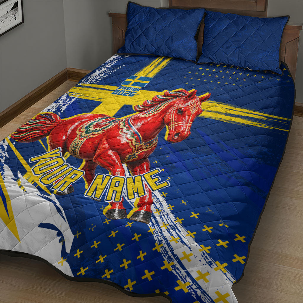 Personalized Sweden Dala Horse Soccer 2026 Quilt Bed Set Grunge Swedish Flag Brush Strokes