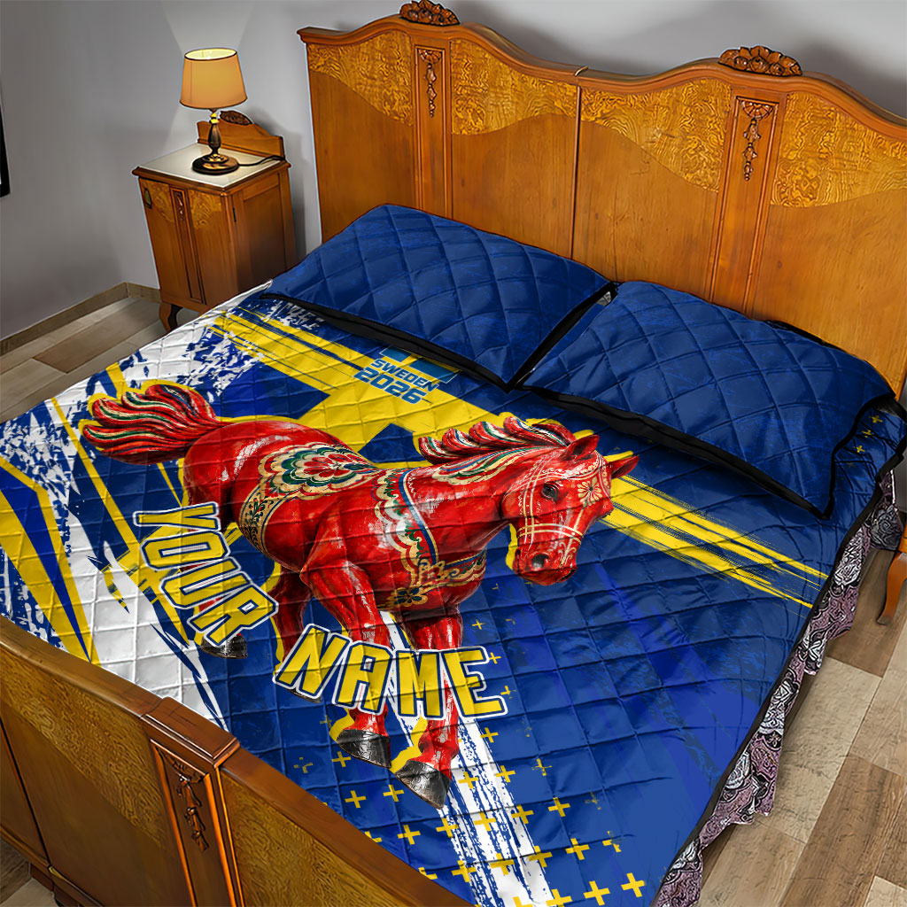 Personalized Sweden Dala Horse Soccer 2026 Quilt Bed Set Grunge Swedish Flag Brush Strokes