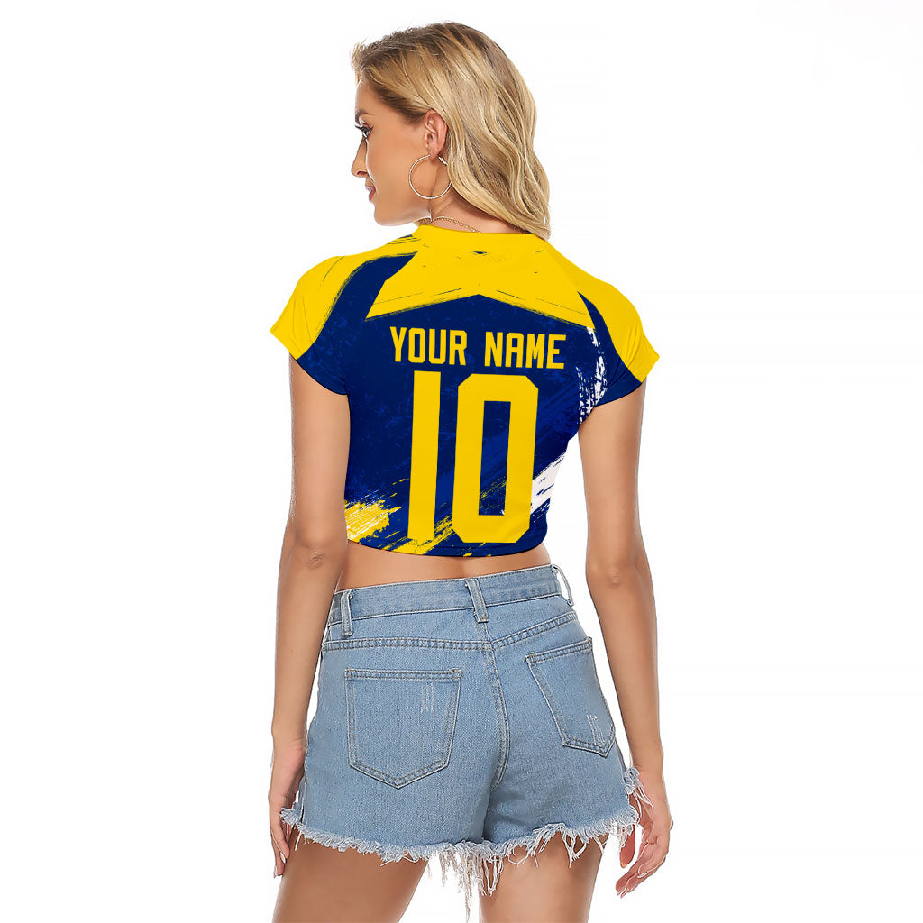 Personalized Sweden Dala Horse Soccer 2026 Raglan Cropped T Shirt Grunge Swedish Flag Brush Strokes