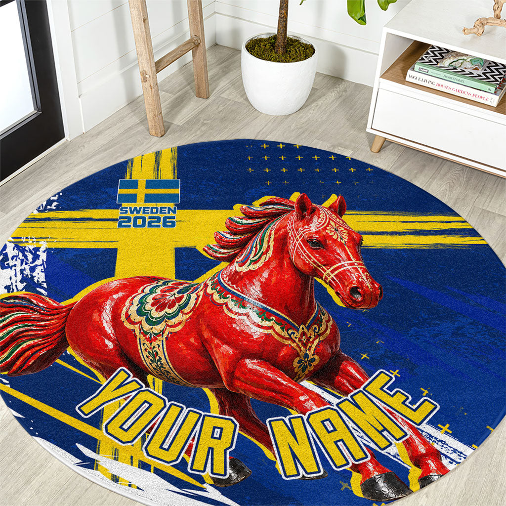 Personalized Sweden Dala Horse Soccer 2026 Round Carpet Grunge Swedish Flag Brush Strokes