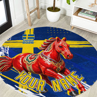 Personalized Sweden Dala Horse Soccer 2026 Round Carpet Grunge Swedish Flag Brush Strokes
