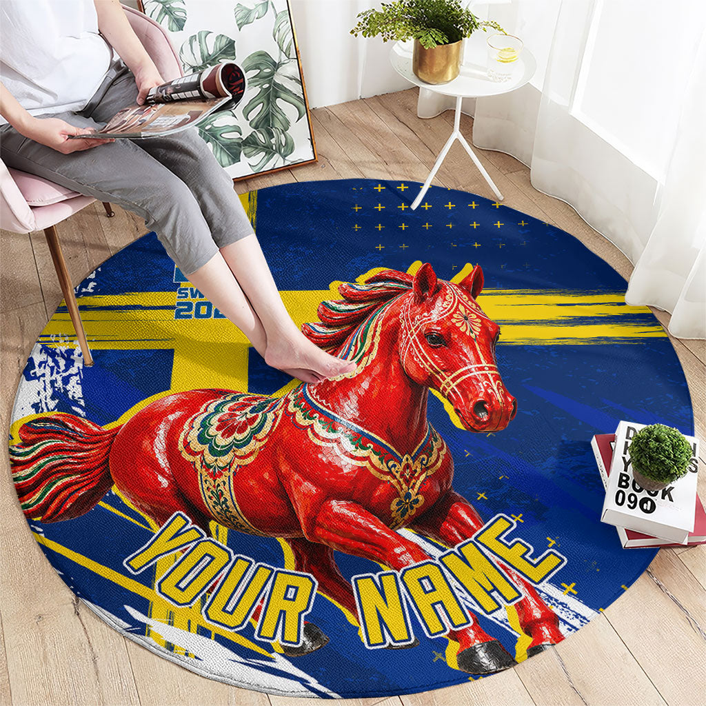 Personalized Sweden Dala Horse Soccer 2026 Round Carpet Grunge Swedish Flag Brush Strokes