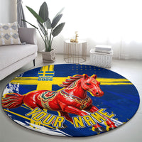 Personalized Sweden Dala Horse Soccer 2026 Round Carpet Grunge Swedish Flag Brush Strokes