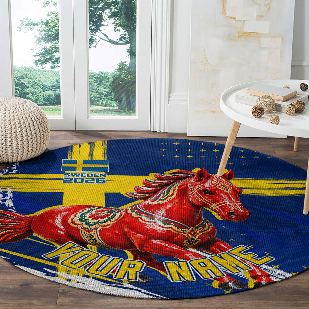 Personalized Sweden Dala Horse Soccer 2026 Round Carpet Grunge Swedish Flag Brush Strokes