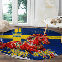 Personalized Sweden Dala Horse Soccer 2026 Round Carpet Grunge Swedish Flag Brush Strokes