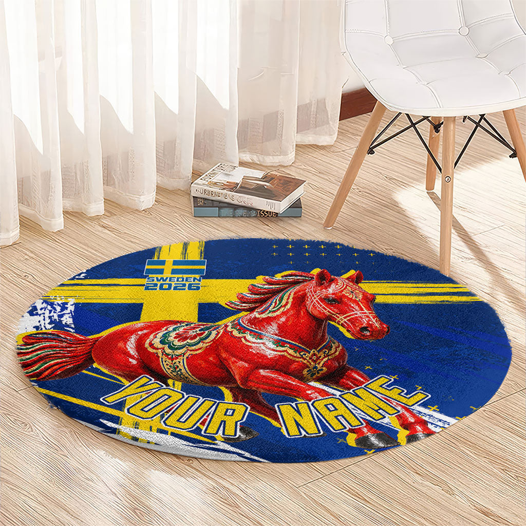 Personalized Sweden Dala Horse Soccer 2026 Round Carpet Grunge Swedish Flag Brush Strokes