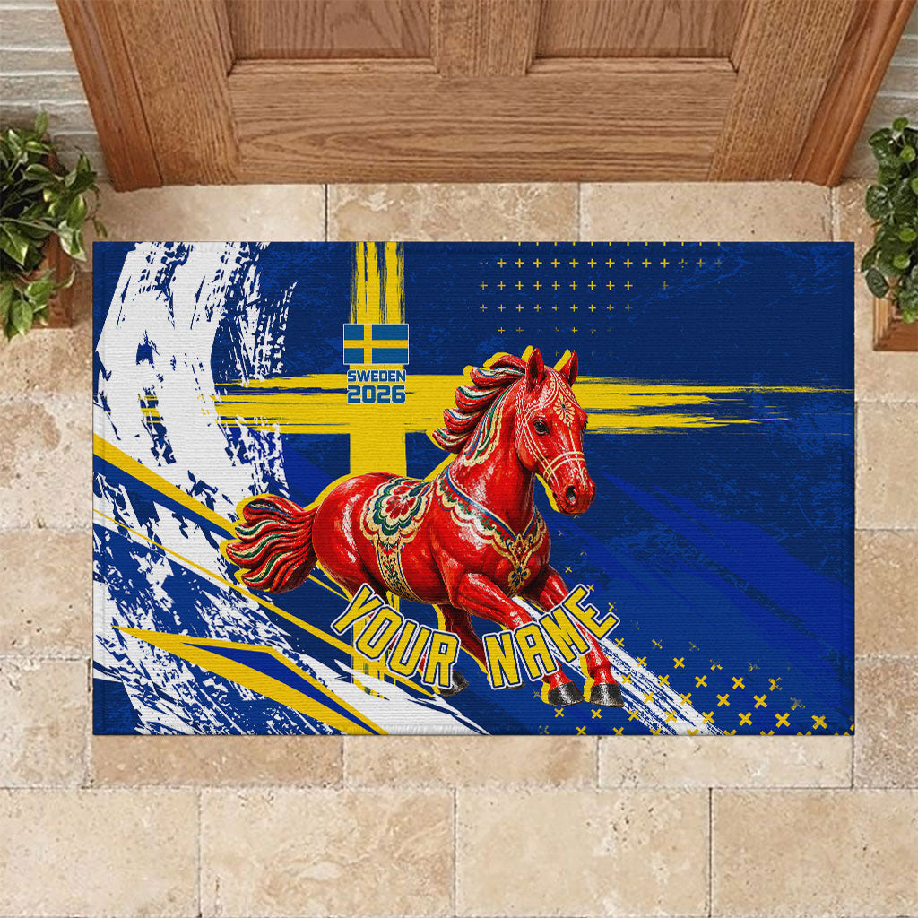Personalized Sweden Dala Horse Soccer 2026 Rubber Doormat Grunge Swedish Flag Brush Strokes
