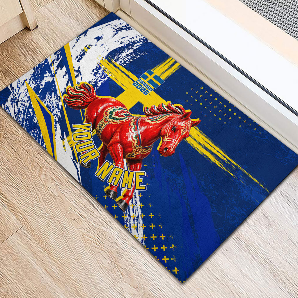 Personalized Sweden Dala Horse Soccer 2026 Rubber Doormat Grunge Swedish Flag Brush Strokes