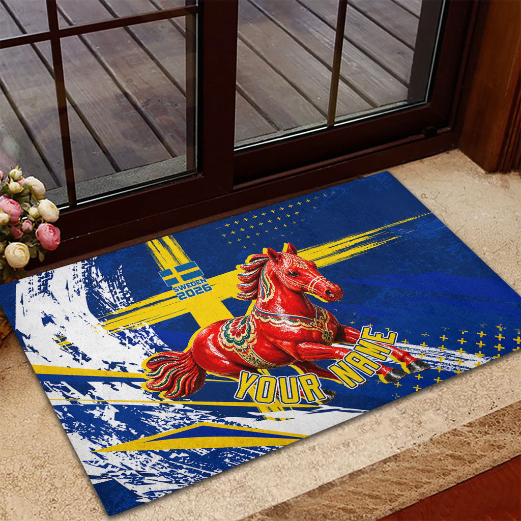 Personalized Sweden Dala Horse Soccer 2026 Rubber Doormat Grunge Swedish Flag Brush Strokes