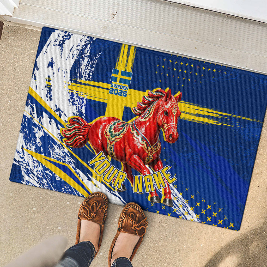 Personalized Sweden Dala Horse Soccer 2026 Rubber Doormat Grunge Swedish Flag Brush Strokes