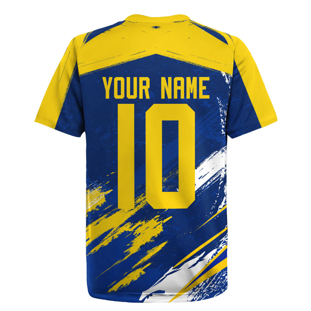 Personalized Sweden Dala Horse Soccer 2026 Rugby Jersey Grunge Swedish Flag Brush Strokes