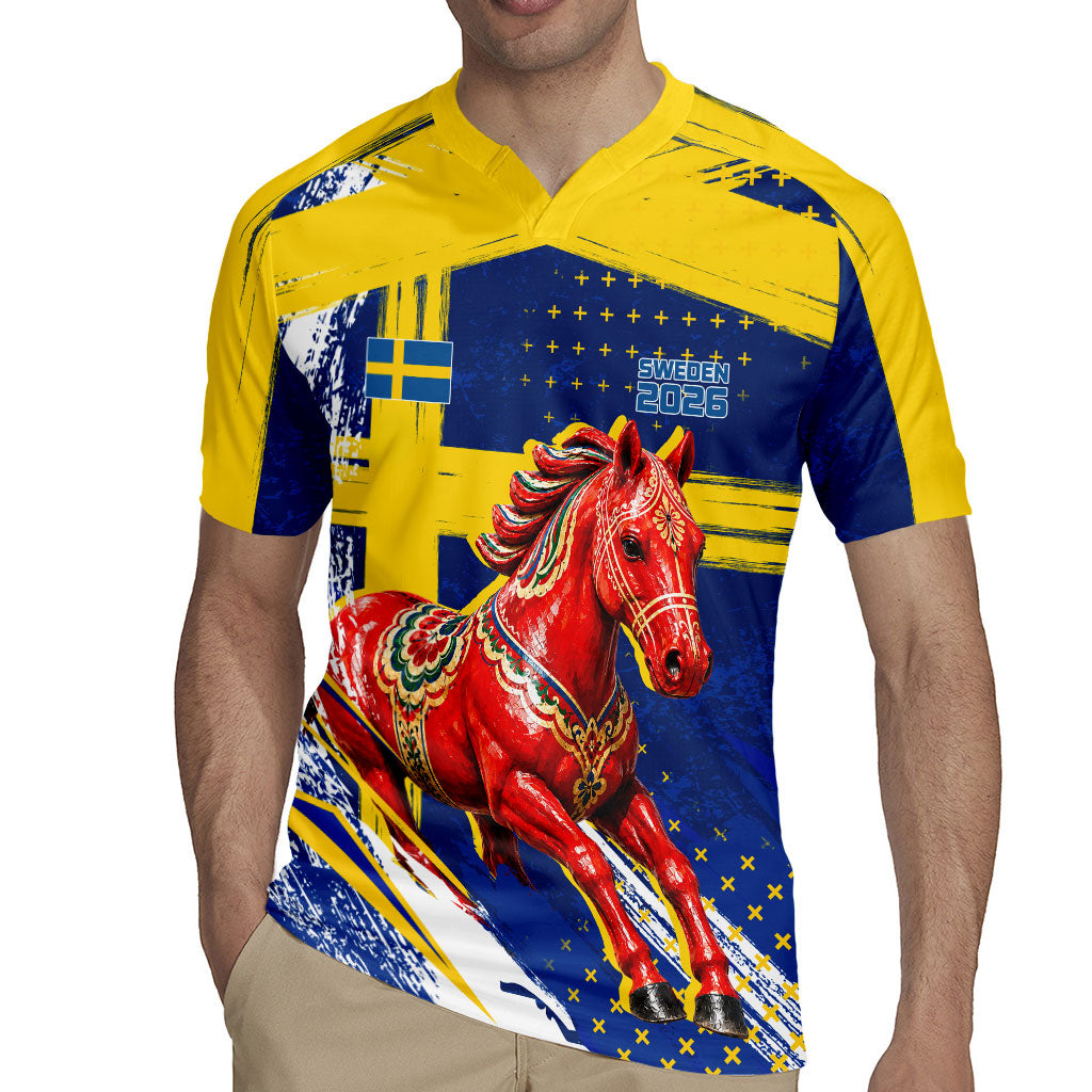 Personalized Sweden Dala Horse Soccer 2026 Rugby Jersey Grunge Swedish Flag Brush Strokes