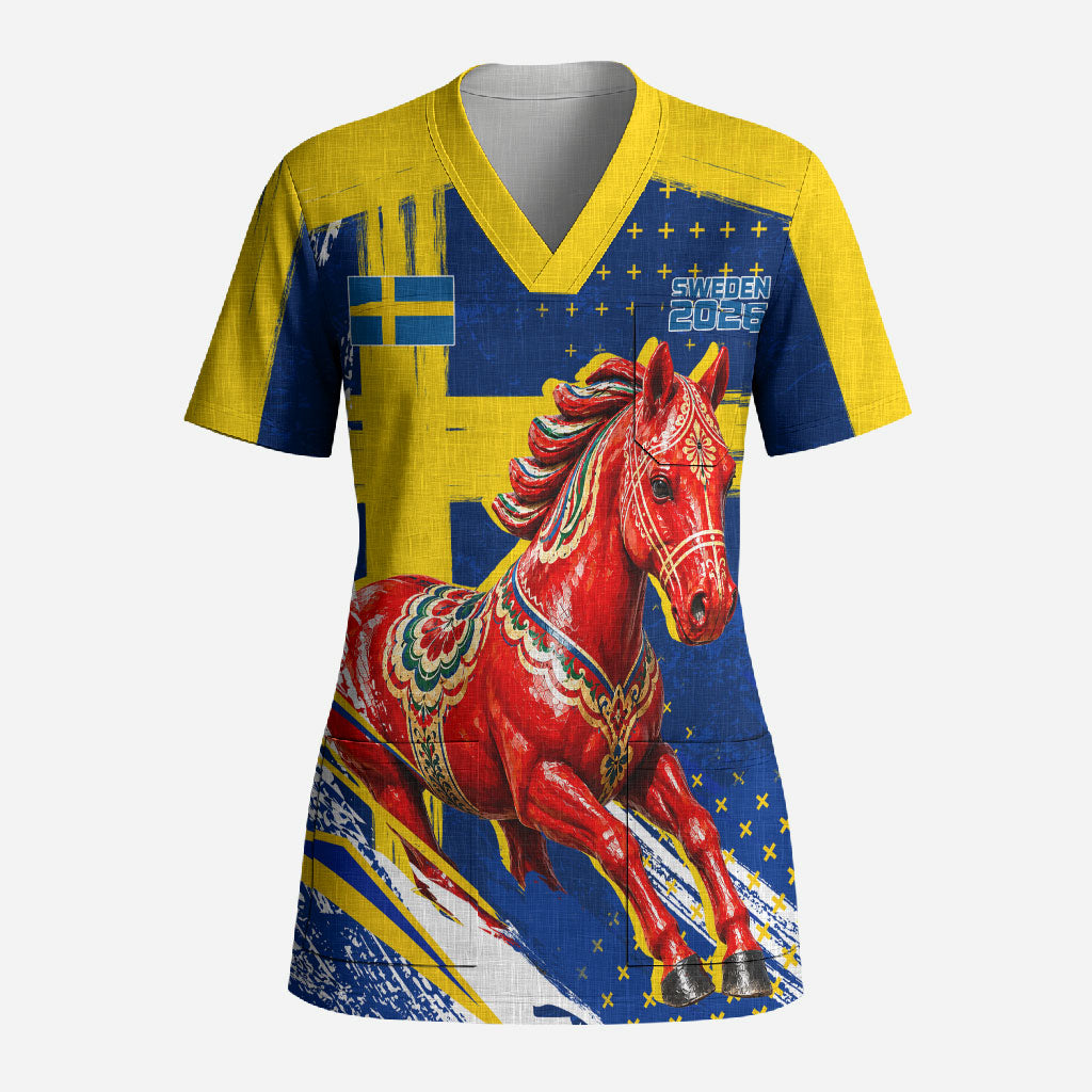 Personalized Sweden Dala Horse Soccer 2026 Scrub Top Grunge Swedish Flag Brush Strokes