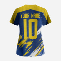 Personalized Sweden Dala Horse Soccer 2026 Scrub Top Grunge Swedish Flag Brush Strokes