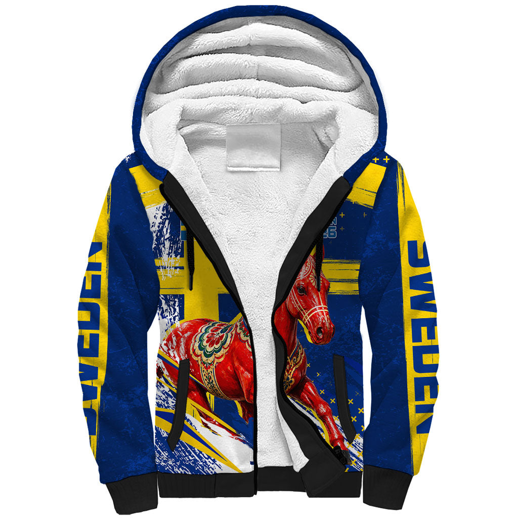 Personalized Sweden Dala Horse Soccer 2026 Sherpa Hoodie Grunge Swedish Flag Brush Strokes