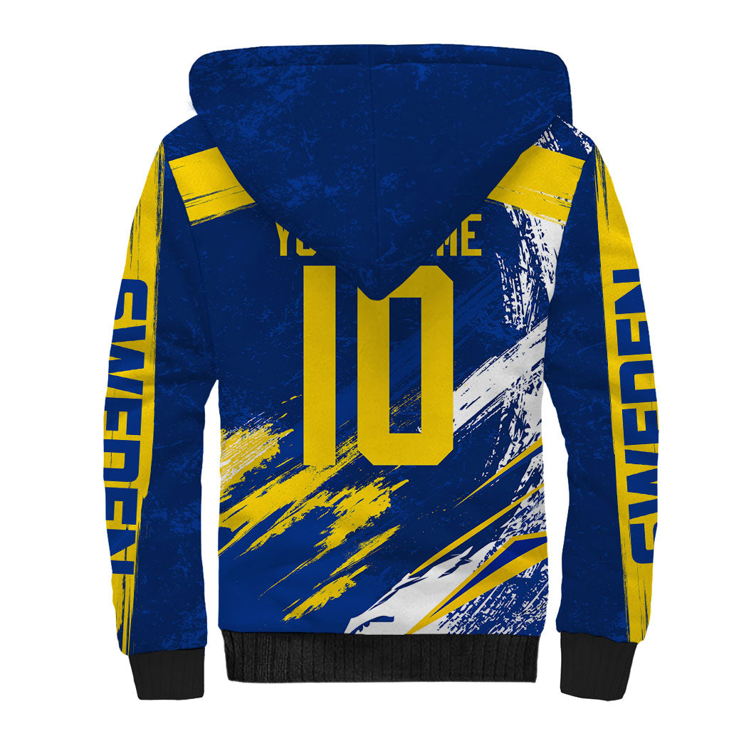 Personalized Sweden Dala Horse Soccer 2026 Sherpa Hoodie Grunge Swedish Flag Brush Strokes