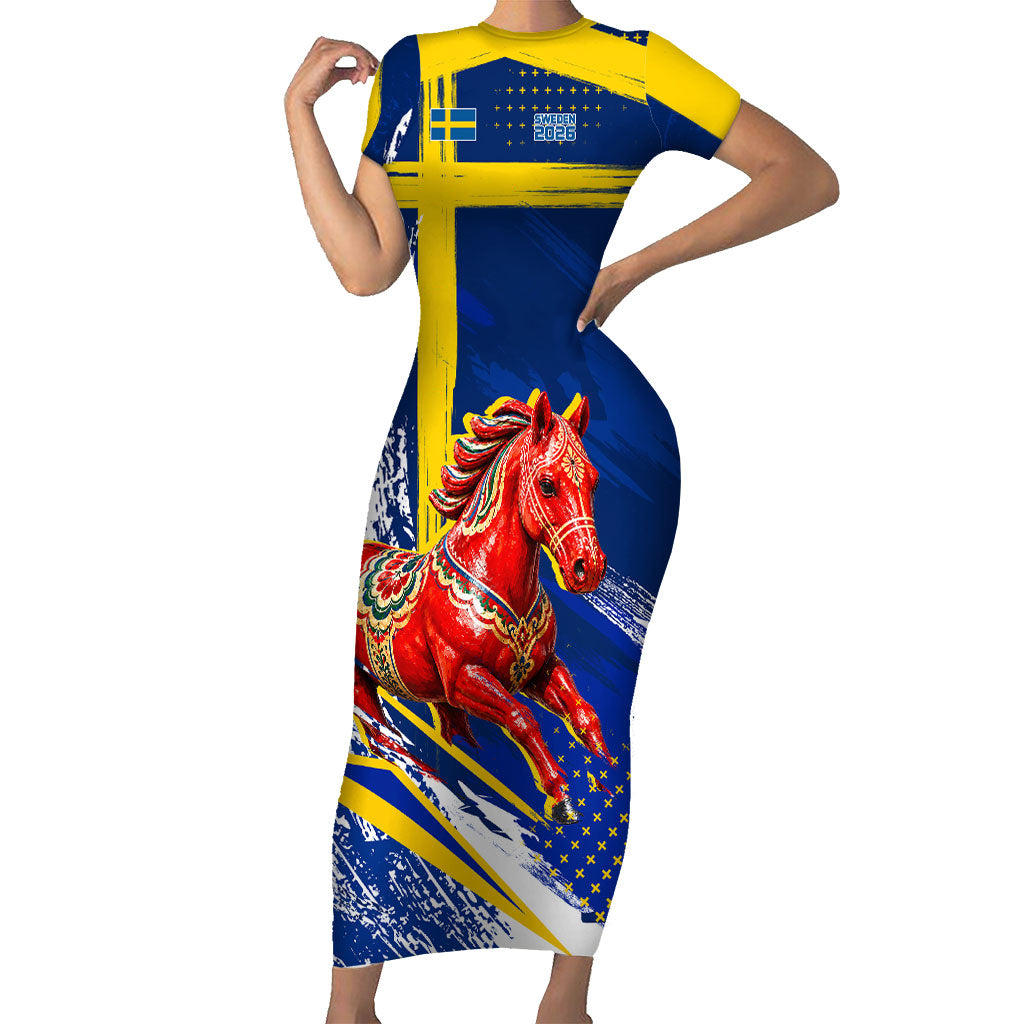 Personalized Sweden Dala Horse Soccer 2026 Short Sleeve Bodycon Dress Grunge Swedish Flag Brush Strokes