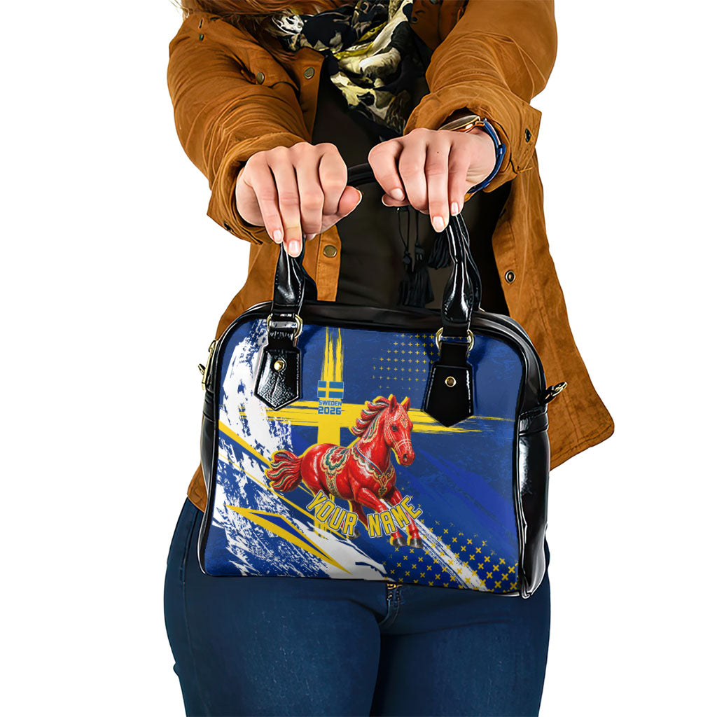 Personalized Sweden Dala Horse Soccer 2026 Shoulder Handbag Grunge Swedish Flag Brush Strokes