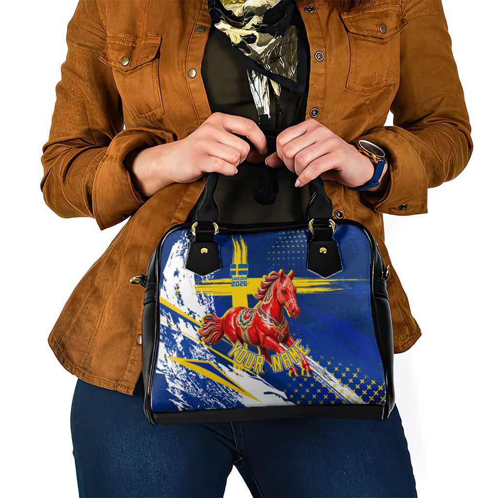 Personalized Sweden Dala Horse Soccer 2026 Shoulder Handbag Grunge Swedish Flag Brush Strokes