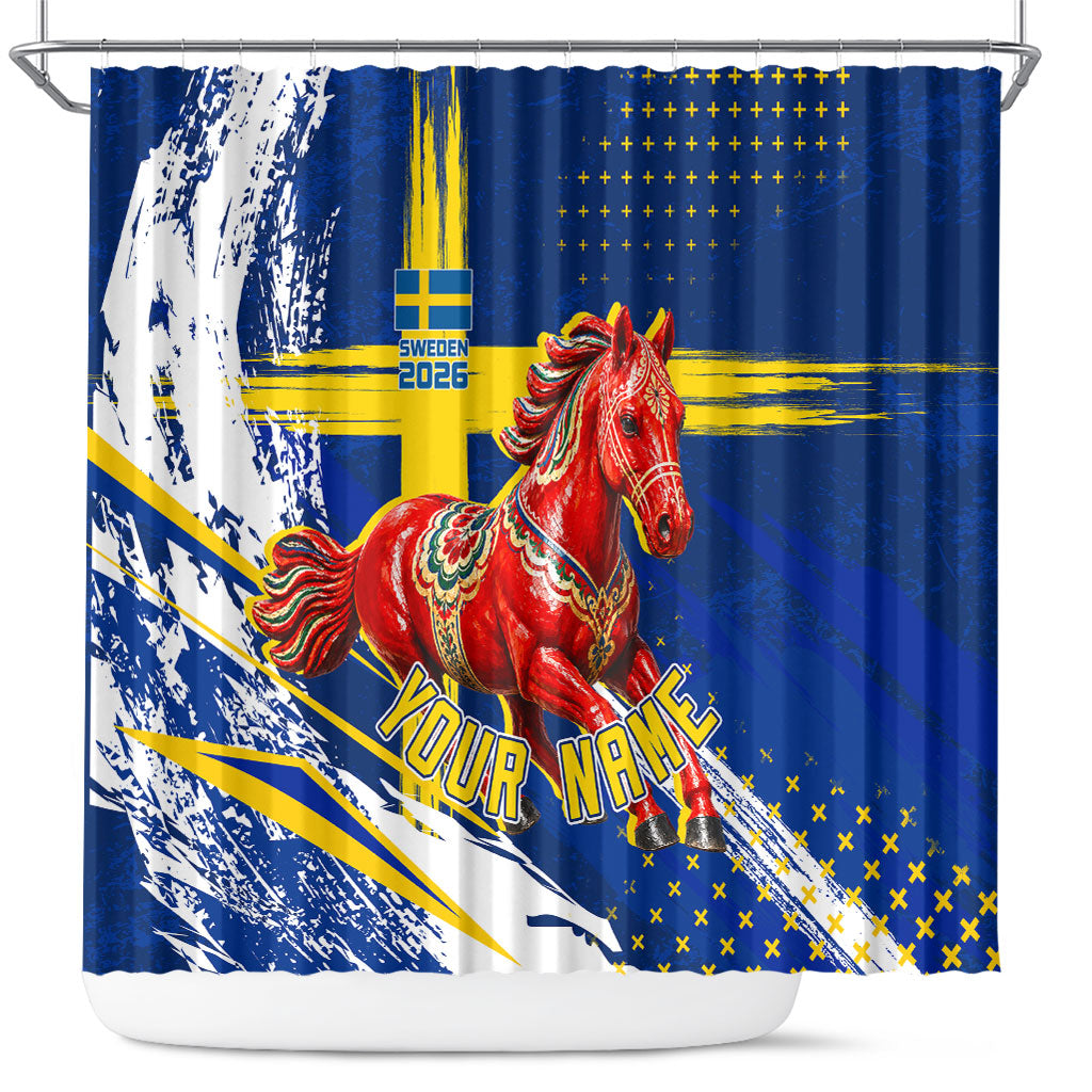 Personalized Sweden Dala Horse Soccer 2026 Shower Curtain Grunge Swedish Flag Brush Strokes