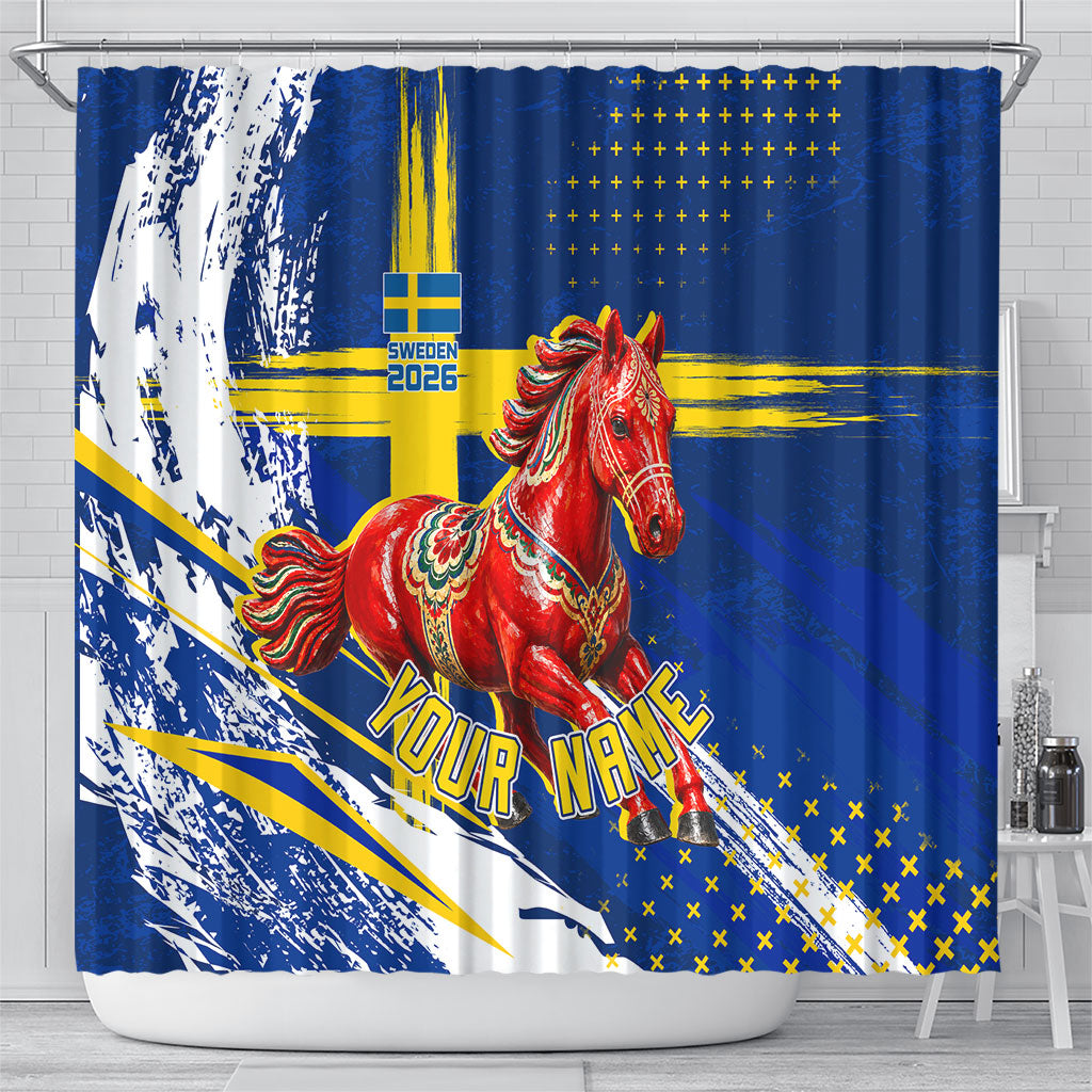Personalized Sweden Dala Horse Soccer 2026 Shower Curtain Grunge Swedish Flag Brush Strokes