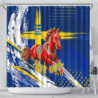 Personalized Sweden Dala Horse Soccer 2026 Shower Curtain Grunge Swedish Flag Brush Strokes