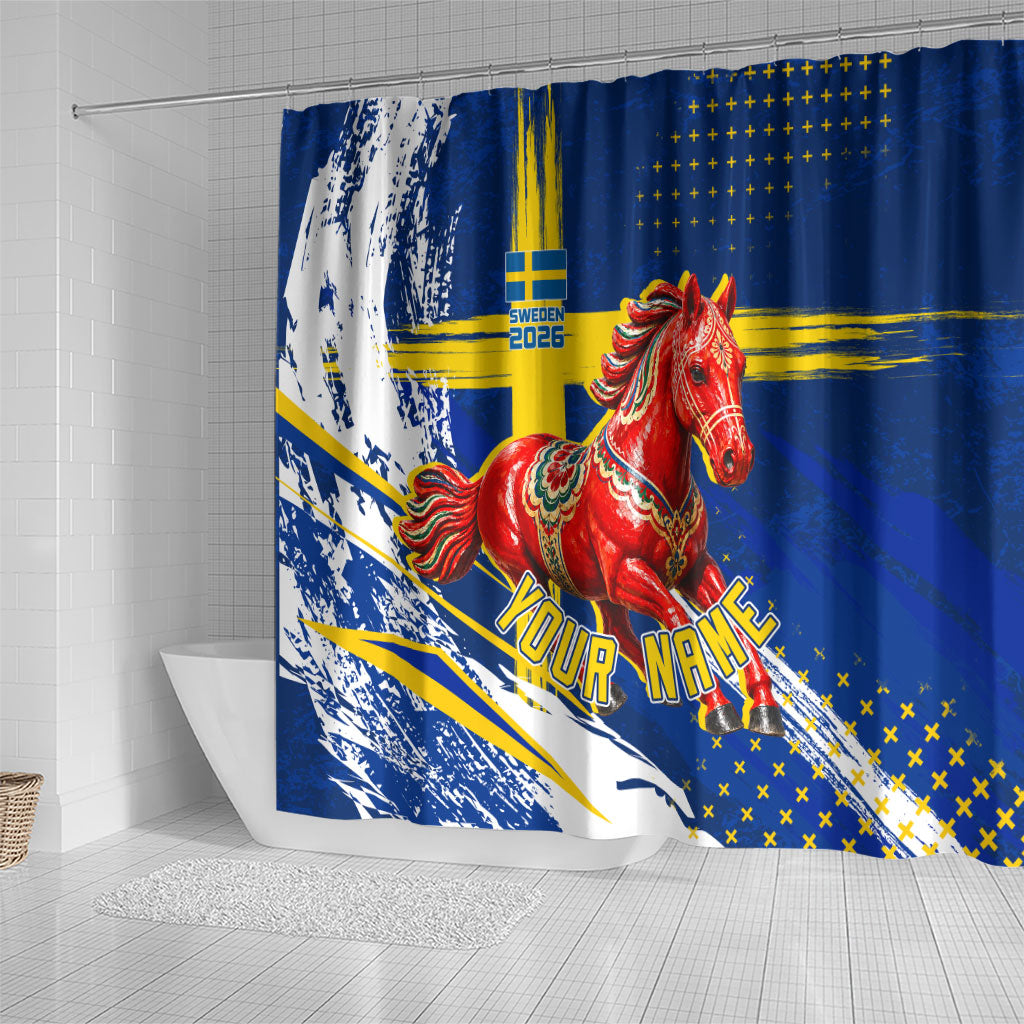 Personalized Sweden Dala Horse Soccer 2026 Shower Curtain Grunge Swedish Flag Brush Strokes