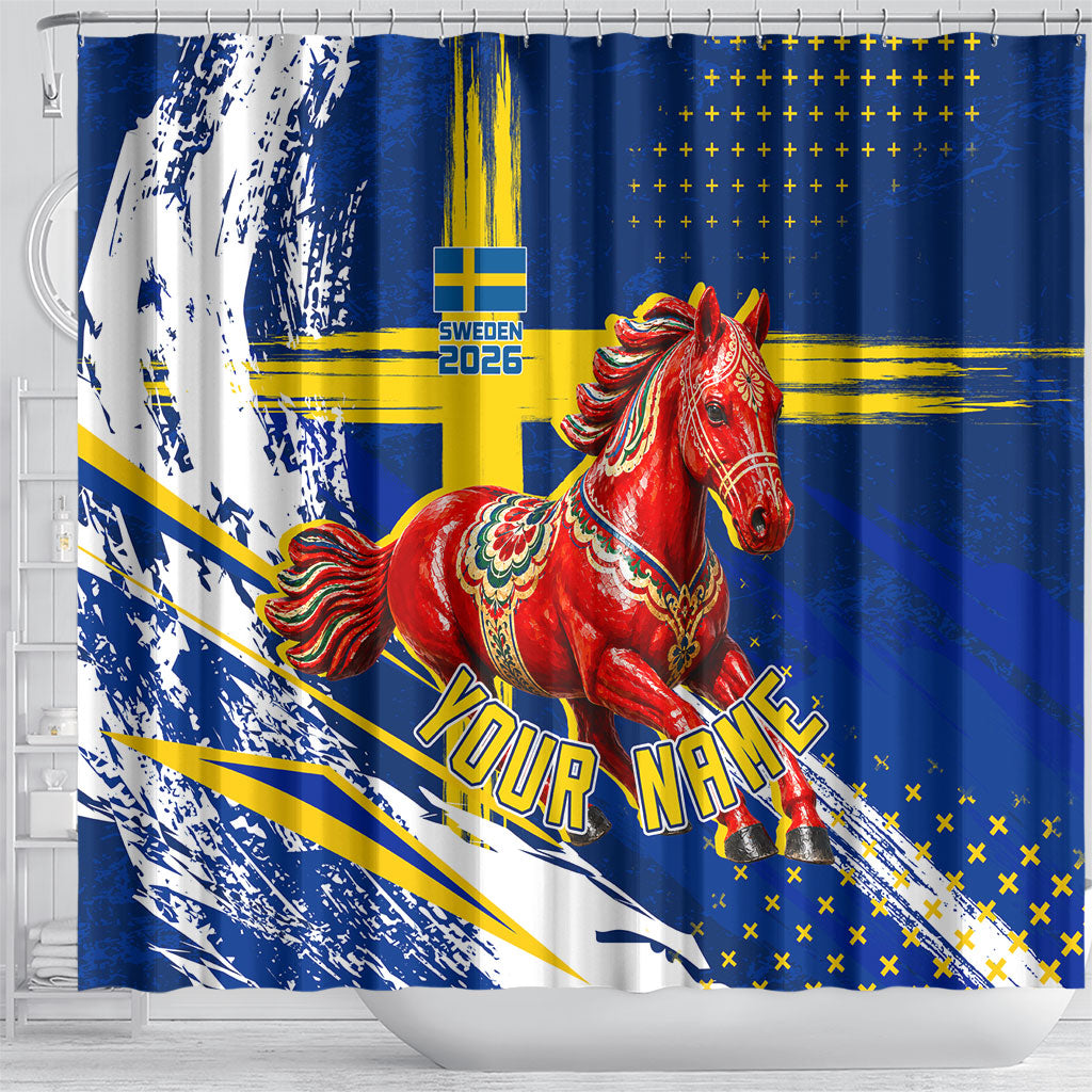 Personalized Sweden Dala Horse Soccer 2026 Shower Curtain Grunge Swedish Flag Brush Strokes