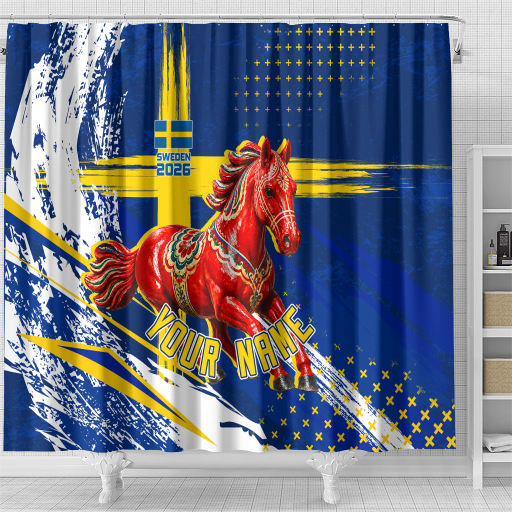 Personalized Sweden Dala Horse Soccer 2026 Shower Curtain Grunge Swedish Flag Brush Strokes