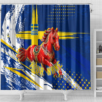 Personalized Sweden Dala Horse Soccer 2026 Shower Curtain Grunge Swedish Flag Brush Strokes